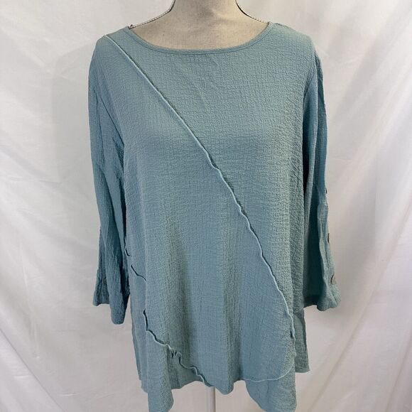 Ali Miles Top Womens PXL Boat Neck Top Tunic  Lagenlook Crinkle  Buttons - Picture 2 of 6